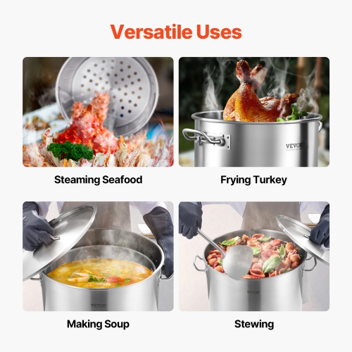 VEVOR 84 Quart Stainless Steel Stockpot, Large Cooking Pots, Cookware Sauce Pot with Basket, Lid, and Handle, Heavy Duty Commercial Grade Stock Pot,