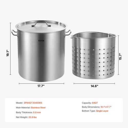 VEVOR 84 Quart Stainless Steel Stockpot, Large Cooking Pots, Cookware Sauce Pot with Basket, Lid, and Handle, Heavy Duty Commercial Grade Stock Pot,
