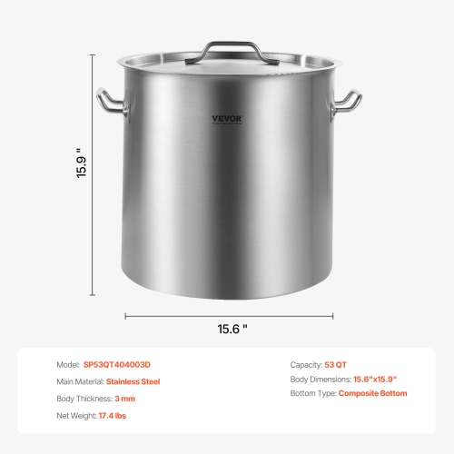 VEVOR 53 Quart Stainless Steel Stockpot, Large Cooking Pots, Cookware Sauce Pot with Lid, and Handle, Heavy Duty Commercial Grade Stock Pot, for