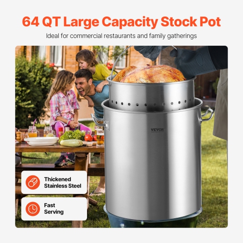 VEVOR 64 Quart Stainless Steel Stockpot, Large Cooking Pots, Cookware Sauce Pot with Basket, Lid, and Handle, Heavy Duty Commercial Grade Stock Pot,