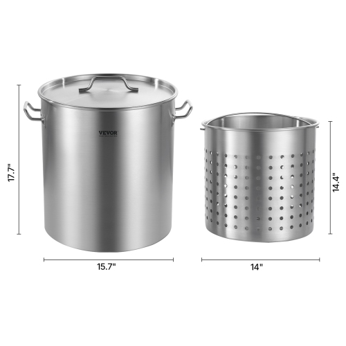 VEVOR 64 Quart Stainless Steel Stockpot, Large Cooking Pots, Cookware Sauce Pot with Basket, Lid, and Handle, Heavy Duty Commercial Grade Stock Pot,