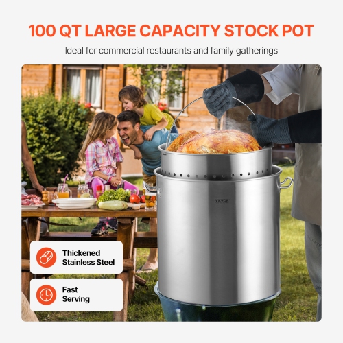 VEVOR 100 Quart Stainless Steel Stockpot, Large Cooking Pots, Cookware Sauce Pot with Basket, Lid, and Handle, Heavy Duty Commercial Grade, for Large