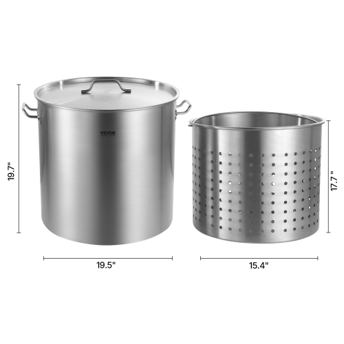 VEVOR 100 Quart Stainless Steel Stockpot, Large Cooking Pots, Cookware Sauce Pot with Basket, Lid, and Handle, Heavy Duty Commercial Grade, for Large