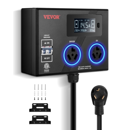 VEVOR 240V NEMA Splitter for Dryer and EV, 3-Color LED Indicator, Smart Power Distribution, With NEMA 10-30 Plug, Two NEMA 10-30 Outlets, 3.4 in LCD
