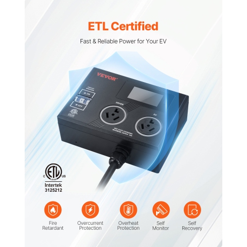 VEVOR 240V NEMA Splitter for Dryer and EV, 3-Color LED Indicator, Smart Power Distribution, With NEMA 10-30 Plug, Two NEMA 10-30 Outlets, 3.4 in LCD