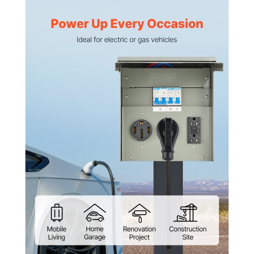 VEVOR 20 30 50 Amp Temporary Power Outlet Panel, RV EV Electrical Outlet Panel, with NEMA 50 Amp NEMA 30 Amp GFCI 20 Amp Receptacle Installed,