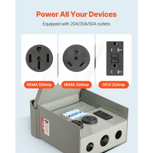 VEVOR 20 30 50 Amp Temporary Power Outlet Panel, RV EV Electrical Outlet Panel, with NEMA 50 Amp NEMA 30 Amp GFCI 20 Amp Receptacle Installed,