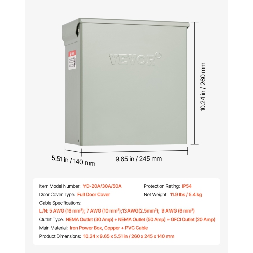 VEVOR 20 30 50 Amp Temporary Power Outlet Panel, RV EV Electrical Outlet Panel, with NEMA 50 Amp NEMA 30 Amp GFCI 20 Amp Receptacle Installed,