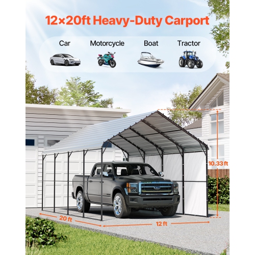 VEVOR 12' x 20' Heavy Duty Metal Carport, Outdoor Carport with Galvanized Steel Frame & Roof, Car Tent Garage Shade with Removable Sidewalls,