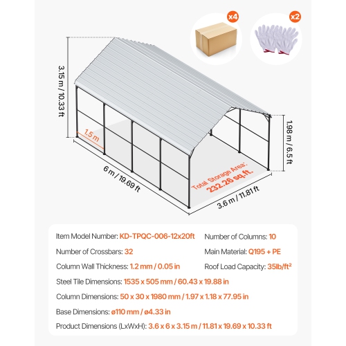 VEVOR 12' x 20' Heavy Duty Metal Carport, Outdoor Carport with Galvanized Steel Frame & Roof, Car Tent Garage Shade with Removable Sidewalls,