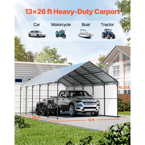 VEVOR 13' x 26' Heavy Duty Metal Carport, Outdoor Carport with Galvanized Steel Frame & Roof, Car Tent Garage Shade with Removable Sidewalls,