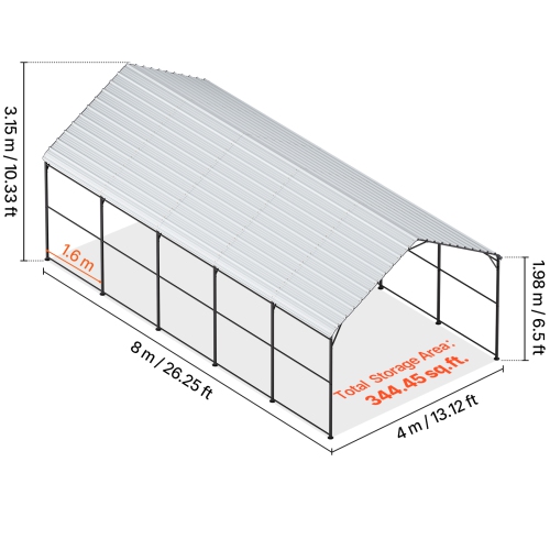 VEVOR 13' x 26' Heavy Duty Metal Carport, Outdoor Carport with Galvanized Steel Frame & Roof, Car Tent Garage Shade with Removable Sidewalls,