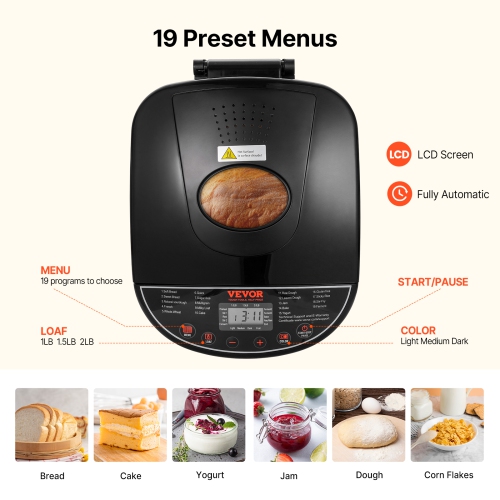 VEVOR 19-in-1 2LB Bread Maker, Dough Machine, Nonstick Ceramic Pan Automatic Breadmaker with Gluten Free Setting, Whole Wheat Bread Making, Digital,