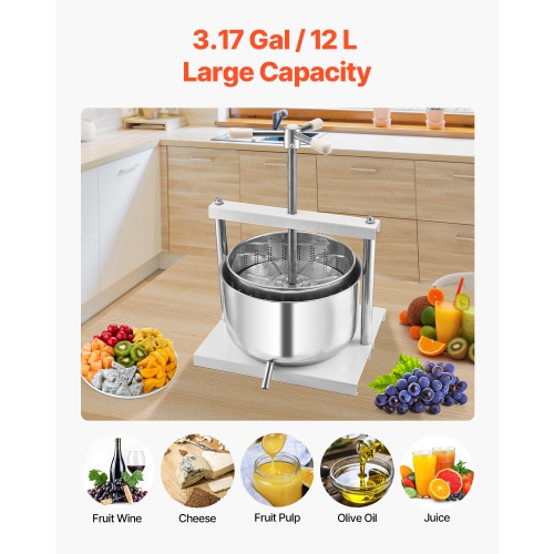 VEVOR 3.17 Gal/12L Fruit Wine Press, 2 Stainless Steel Barrels, Manual Juice Maker, Cider Apple Grape Tincture Honey Olive Oil Making Press with