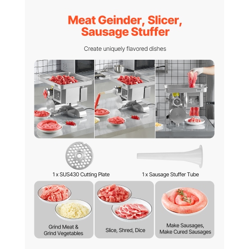 VEVOR 11 Lbs/Min Meat Grinder, Electric Meat Grinder, Slicer, Sausage Stuffer with Blade, Grinding Plate, Sausage Maker, Stainless Steel Commercial