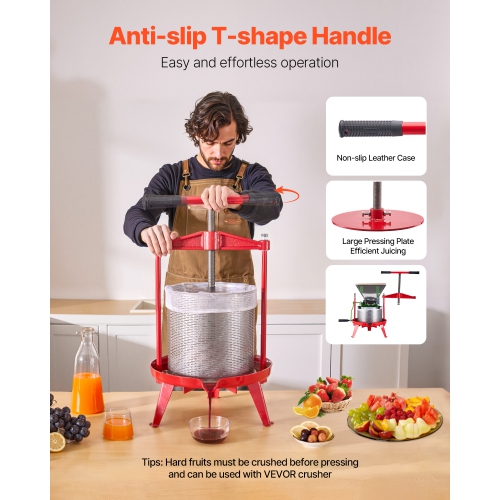 VEVOR 3.69 Gal/14L Fruit Wine Press, Stainless Steel Basket with Cross-beam and Triangular Structure, Manual Juice Maker, Cider Apple Grape Tincture