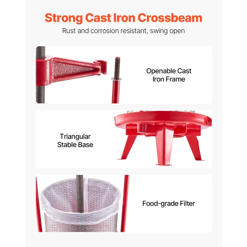 VEVOR 3.69 Gal/14L Fruit Wine Press, Stainless Steel Basket with Cross-beam and Triangular Structure, Manual Juice Maker, Cider Apple Grape Tincture