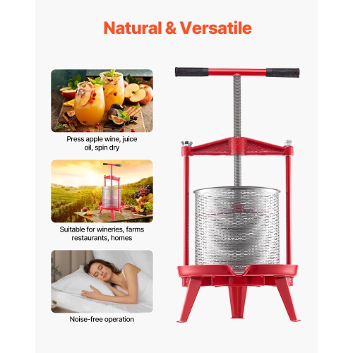 VEVOR 3.69 Gal/14L Fruit Wine Press, Stainless Steel Basket with Cross-beam and Triangular Structure, Manual Juice Maker, Cider Apple Grape Tincture