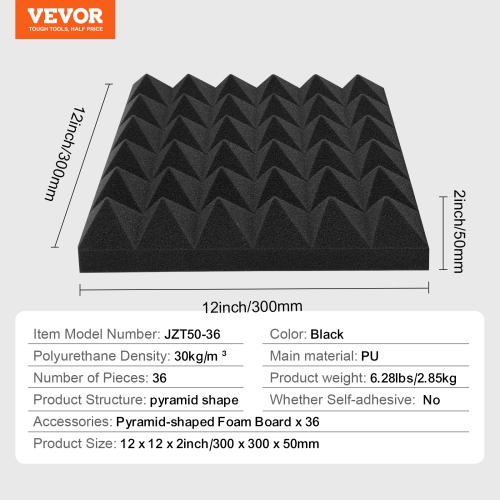 VEVOR 36 Pack Acoustic Foam Panels,12 x 12 x 2 inches, Pyramid Soundproof Wall Panels,Fire-Resistant, Sound Dampening Absorbing Panels for Studio