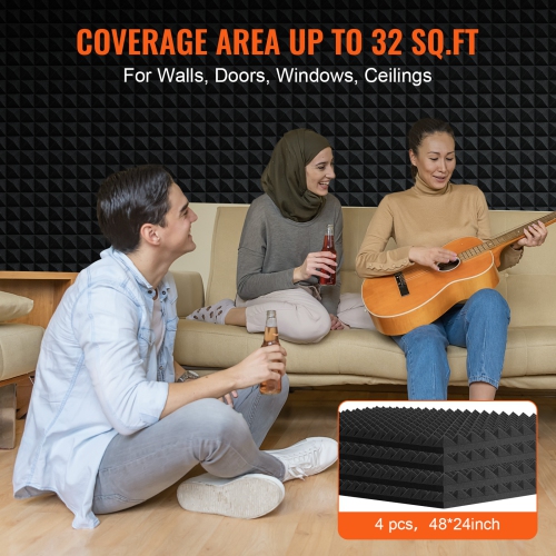 VEVOR 4 Pack Acoustic Foam Panels, 48 x 24 x 2 in, Pyramid Designed Soundproof Panels, Fire-Resistant, Sound Dampening Absorbing Panels for Studio