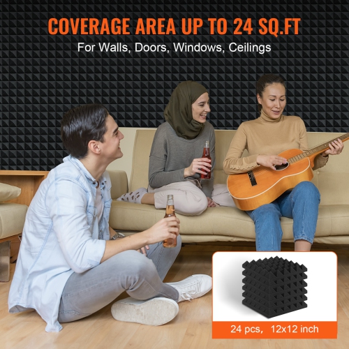 VEVOR 24 Pack Acoustic Foam Panels, 12 x 12 x 2 in, Pyramid Soundproof Wall Panels, Fire-Resistant, Sound Dampening Absorbing Panels for Studio Wall