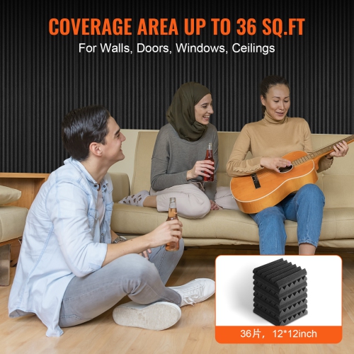 VEVOR 36 Pack Acoustic Foam Panels, 12 x 12 x 2 in, High Density Soundproof, Fire-Resistant Acoustic Panels, Sound Dampening Absorbing Panels for