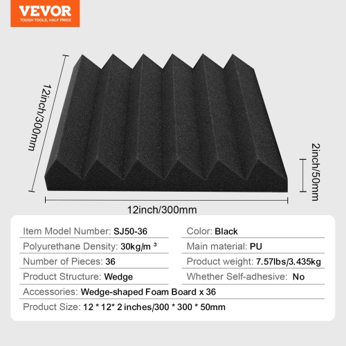 VEVOR 36 Pack Acoustic Foam Panels, 12 x 12 x 2 in, High Density Soundproof, Fire-Resistant Acoustic Panels, Sound Dampening Absorbing Panels for