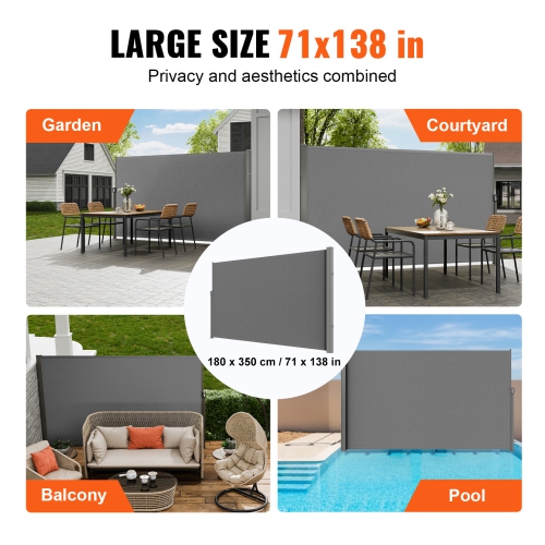 VEVOR 71''x 138'' Retractable Side Awning, Outdoor Privacy Screen, 180g Polyester Water-proof Retractable Patio Screen, UV 30+ Room Divider Wind