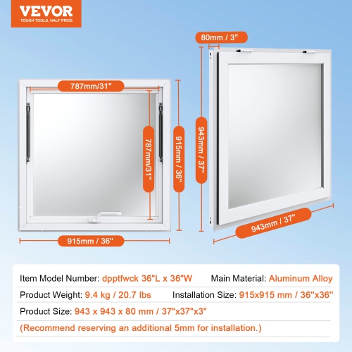 VEVOR 36"x36" Concession Window for Food Truck, Aluminum Alloy Window, Up to 85 Degrees Stand Serving Window with Awning Door & Drag Hook, for Food