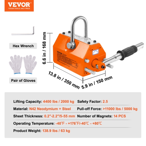 VEVOR 2.5 Safety Factor Magnetic Lifter, 4400lbs/2000kg Pulling Capacity, Neodymium & Steel,with Release, Permanent Magnets, Heavy Duty Magnet for
