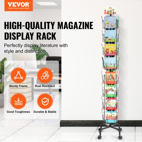 VEVOR 32 Pockets Greeting Cards Display Rack, Rotating Postcard Brochure Display Stand, 360° Spinning Card Display Rack with Sign Holder & 4 Wheels