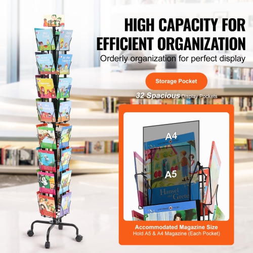 VEVOR 32 Pockets Greeting Cards Display Rack, Rotating Postcard Brochure Display Stand, 360° Spinning Card Display Rack with Sign Holder & 4 Wheels