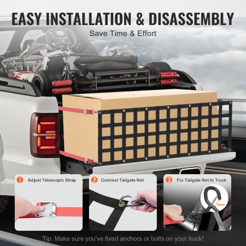 VEVOR 54 in x 18 in Tailgate Net, Heavy Duty Cargo Net for Truck Bed with 4 Adjustable Telescopic Straps, Extendable & Durable, Flexible Adjustment,