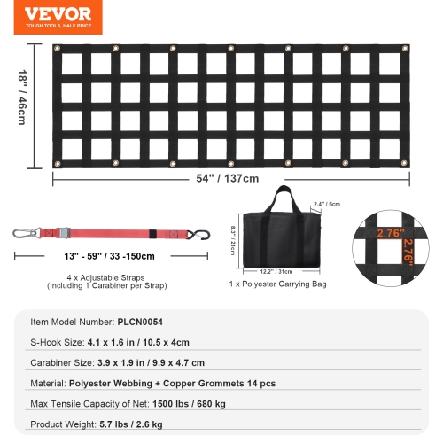 VEVOR 54 in x 18 in Tailgate Net, Heavy Duty Cargo Net for Truck Bed with 4 Adjustable Telescopic Straps, Extendable & Durable, Flexible Adjustment,