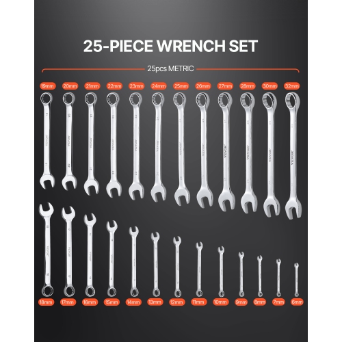 VEVOR 25-Piece Combination Wrench Set, Open End Wrench Set with Roll-up Pouch, Carbon Steel Wrench Set Metric 6 mm to 32 mm, Ideal for General
