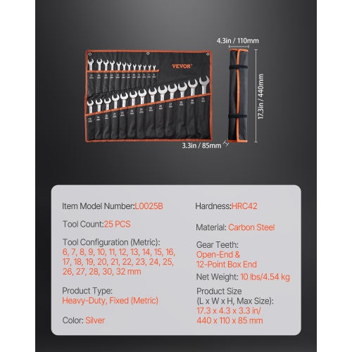 VEVOR 25-Piece Combination Wrench Set, Open End Wrench Set with Roll-up Pouch, Carbon Steel Wrench Set Metric 6 mm to 32 mm, Ideal for General