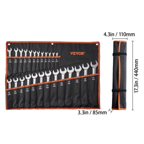 VEVOR 25-Piece Combination Wrench Set, Open End Wrench Set with Roll-up Pouch, Carbon Steel Wrench Set Metric 6 mm to 32 mm, Ideal for General