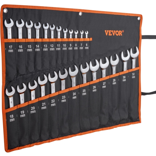 VEVOR 25-Piece Combination Wrench Set, Open End Wrench Set with Roll-up Pouch, Carbon Steel Wrench Set Metric 6 mm to 32 mm, Ideal for General