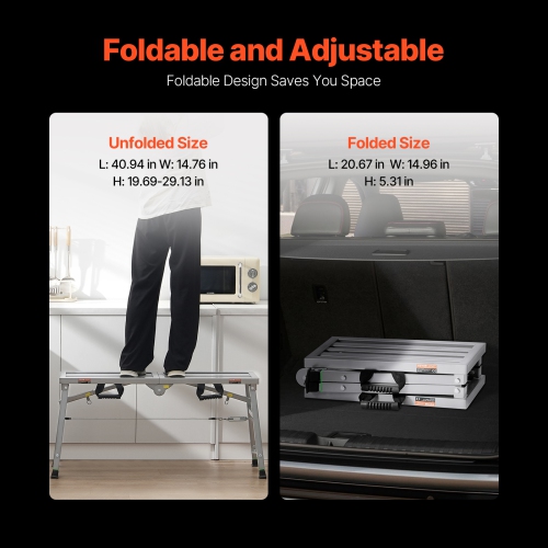 VEVOR 3 Gear Work Platform, Adjustable Height, Folding Alloy Steel Step Ladder, Portable Scaffolding Platform, 400 lb Load Capacity, Non-Slip Rubber