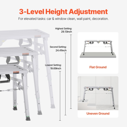 VEVOR 3 Gear Work Platform, Adjustable Height, Folding Alloy Steel Step Ladder, Portable Scaffolding Platform, 400 lb Load Capacity, Non-Slip Rubber