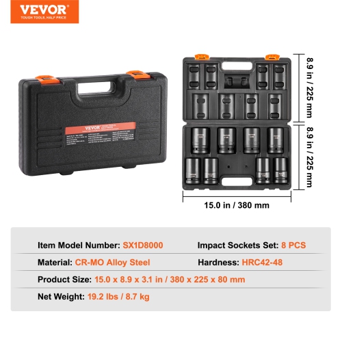 VEVOR 1" Drive Impact Socket Set, 8 Piece Deep Socket Set Metric 27-41mm, 6 Point Cr-Mo Alloy Steel for Auto Repair, Easy-to-Read Size Markings,