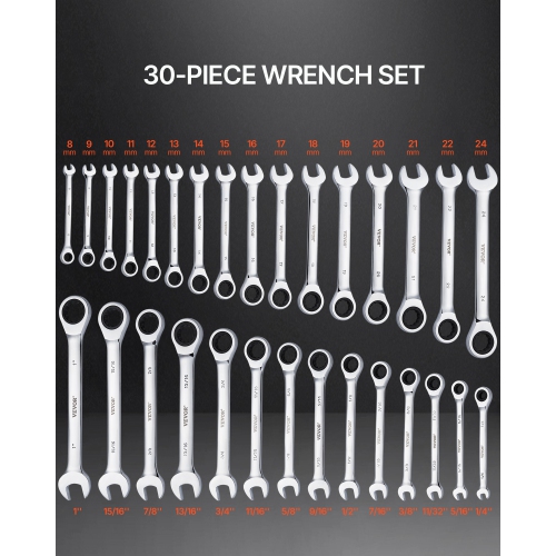 VEVOR 30-Piece Combination Wrench Set, Ratcheting Wrench Set with Organizer Rack, Cr-V Steel Wrench Set SAE 1/4" to 1", Metric 8 mm to 24 mm, Ideal