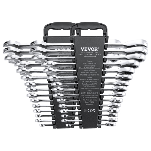 VEVOR 30-Piece Combination Wrench Set, Ratcheting Wrench Set with Organizer Rack, Cr-V Steel Wrench Set SAE 1/4" to 1", Metric 8 mm to 24 mm, Ideal