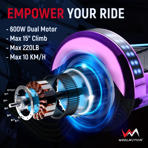 Planche gyroscopique arc-en-ciel tout terrain de 8 po de WEELMOTION pour enfants et adultes, certifiée UL 2272, roues tout-terrain, haut-parleur