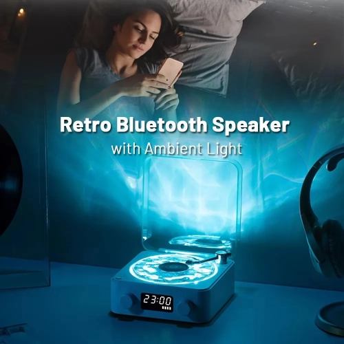 Retro alarm clock Bluetooth speaker, wireless audio small subwoofer, high-quality vinyl record player with time display and night light, birthday