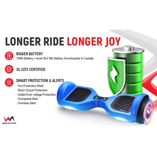 Planche gyroscopique tout-terrain bleue WEELMOTION 6,5", PLUS GROSSE batterie que les autres lumières et roues brillantes LED moins chères,