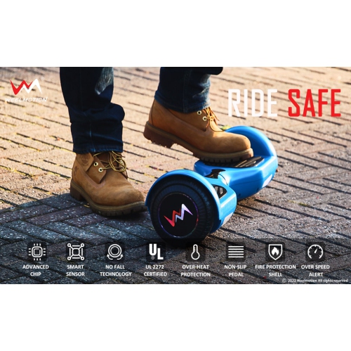 Planche gyroscopique tout-terrain bleue WEELMOTION 6,5", PLUS GROSSE batterie que les autres lumières et roues brillantes LED moins chères,