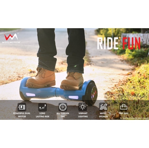 Planche gyroscopique tout-terrain bleue WEELMOTION 6,5", PLUS GROSSE batterie que les autres lumières et roues brillantes LED moins chères,