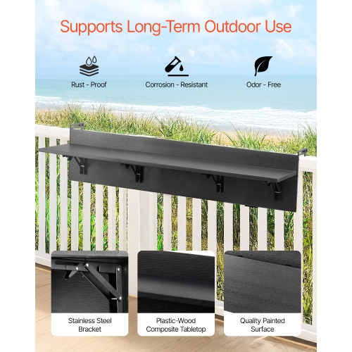 VEVOR 12 x 59 in Balcony Hanging Table, Folding Balcony Railing Table, Outdoor Balcony Bar Table for Railings, 50 lbs Loading, Fit Railing from 1" to