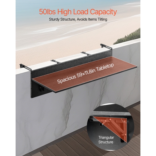 VEVOR 12 x 59 in Balcony Hanging Table, Folding Balcony Railing Table, Outdoor Balcony Bar Table for Railings, 50 lbs Loading, Fit Railing from 1" to